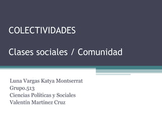 COLECTIVIDADES
Clases sociales / Comunidad
Luna Vargas Katya Montserrat
Grupo.513
Ciencias Políticas y Sociales
Valentín Martínez Cruz
 