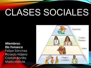CLASES SOCIALES

Miembros:
Ela Fonseca
Felipe Sánchez
Ricardo Nájera
Cristian Bonilla
María Matute

 