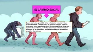 EL CAMBIO SOCIAL
Es una alteración apreciable de las estructuras sociales. Incluye
aspectos como el éxito o fracaso de diversos sistemas políticos y
fenómenos como la globalización, la democratización, el desarrollo y
crecimiento económico, por tanto, el cambio social consiste en la
evolución de las sociedades, desde cambios a gran escala hasta
pequeñas alteraciones.
 