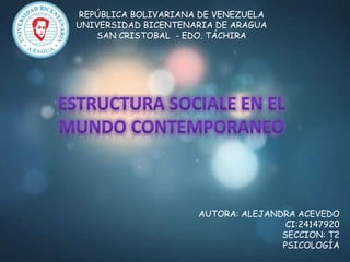 REPÚBLICA BOLIVARIANA DE VENEZUELA
UNIVERSIDAD BICENTENARIA DE ARAGUA
SAN CRISTOBAL - EDO. TÁCHIRA
AUTORA: ALEJANDRA ACEVEDO
CI:24147920
SECCION: T2
PSICOLOGÍA
 