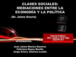 CLASES SOCIALES: MEDIACIONES ENTRE LA ECONOMÍA Y LA POLÍTICA (Dr. Jaime Osorio) Ciencia Política I Mtro. Josué N. de la Vega   EQUIPO # 8 INTEGRANTES: Juan Jaime Mesina Ramírez Feliciano Reyes Murillo Jorge Arturo Jiménez Landín 