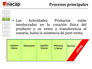 El concepto de la cadena de valor es un modelo que clasifica y organiza los procesos del negocio con el propósito de organizar y enfocar los programas de mejoramiento.
