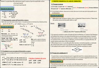 Además n! se puede desarrollar explícitamente según lo requiera el ejercicio especificado, es decir:
Ejemplos de aplicación
Observación: para determinar los
exponentes de los factores primos de n!
es por divisiones sucesivas.
Teniendo como divisor del fator
primo al cual se desea hallar su
exponente, para 2 y 3
n!=n×(n-1)×(n-2)!
n!=n×(n-1)×(n-2)×(n-3)!
Simplificar la siguinte expresión
45! 296!+297!+298!
A= B=
43! 298!+297!
12! 11!+10!+9!
C D=
9!*4! 121 8!
=

2.2. Descomposición canónica del factorial de un número
Quiere decir que: todo numero entero mayor a 1 se puede expresar en términos de sus factores primos.
3
1 2 4 n
a
a a a a
1 2 3
n!=2 ×3 ×5 ×7 ×.....×p ; donde: a ,a ,a ... Z y p n
+
 
Ejemplos de aplicación
4!= 6!
8!= 10!=
=
a)40! b)6!
c)100! d)16!
a b
Hallar el valor de: E=
c d
−
−
Nota: cuando se aplica las divisiones
sucesivas no se toman en cuenta los
residuos
2.3. Cantidades de ceros terminales del factorial de un número
Calcular los ceros terminales del factorial “n” (n>5), depende directamente del exponente menor
de 2 ó de 5
α
β
2 3
3 2
2 si, < # de ceros es:
si
si, < # de ceros es:
5
1500=2 .3.5 #de ceros =2
1400=2 .5 .7 #de ceros =2
     

 
   
 



a)67! b)50! c)100!
d)10! e)16! f)15!
Calcular el número de ceros
3. PRINCIPIOS FUNDAMENTALES DEL ANÁLISIS COMBINATORIO
3.1. Principio de adicción
( )
- si el evento A ocurre de maneras
ocurren de formas distintas
"m"
A B m+n
"n" m
- B ocurre de aneras diferentes

 


❖ En el principio de adición, o bien ocurre un caso o bien ocurre el otro caso, pero nunca pueden ocurrir
simultáneamente.
Ejemplos de aplicación
1. Gildder desea viajar de Huánuco a Iquitos y tiene a su disposición 5 líneas terrestres y 2 líneas áreas
¿de cuántas maneras distintas puede realizar su viaje?
Solución:
realizara de (2+5)=7 maneras diferentes

El evento A tiene m maneras distintas de ocurrir, seguido del evento B en n maneras distintas de ocurrir,
entonces el numero de maneras distintas en que puede ocurrir el evento A seguido del evento B es: mxn.
Este principio también es valido si los acontecimientos son simultáneos.
2. Un repuesto de automóvil se vende en 8 tiendas del distrito de Wanchaq, en 7 tiendas de San Sebastián o
en 6 tiendas de San Jerónimo. ¿de cuántas formas diferentes una persona puede comprar el repuesto?
3. Raúl puede comprar un libro de aritmética que es vendido en tres lugares distintos: frente a la unsaac
en 2 puestos de venta; en av la cultura en 3 librerías y en la feria de libros en 4 puestos diferentes. ¿de
cuantas maneras puede obtener el libro de aritmética?
4. Alfonso desea cruzar un rio, para ello puede utilizar dos botes, tres lanchas pequeñas o un deslizador.
¿de cuantas formas podrá cruzarel rio utilizando uno de los medios de transporte señalados?
5. ¿de cuántas formas se podrá ir de M a N sin retroceder? Cada línea representa un camino
3.2. Principio de la multiplicación (y)
1. Rommel desea vestirse para ir a una reunión y para ello dispone de 3 pantalones y de 2 caminas, todas
sus prendas son de diferente color. ¿de cuántas maneras distintas podrá vestirse, si se pone un pantalón y
una camisa?
Ejemplos de aplicación
 