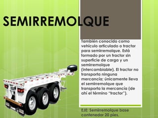 SEMIRREMOLQUE
         También conocido como
         vehículo articulado o tractor
         para semirremolque. Está
         formado por un tractor sin
         superficie de carga y un
         semirremolque
         (intercambiable). El tractor no
         transporta ninguna
         mercancía; únicamente lleva
         el semirremolque que
         transporta la mercancía (de
         ahí el término “tractor”).



         EJE: Semirremolque base
         contenedor 20 pies.
 
