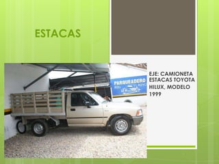 ESTACAS


          EJE: CAMIONETA
          ESTACAS TOYOTA
          HILUX, MODELO
          1999
 