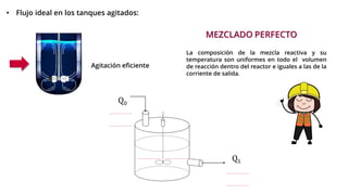 • Flujo ideal en los tanques agitados:
Agitación eficiente
Q0
QS
MEZCLADO PERFECTO
La composición de la mezcla reactiva y su
temperatura son uniformes en todo el volumen
de reacción dentro del reactor e iguales a las de la
corriente de salida.
 