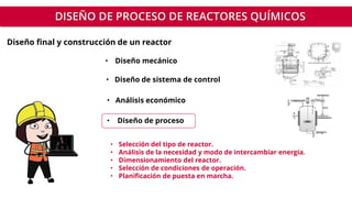 • Diseño mecánico
• Diseño de proceso
• Selección del tipo de reactor.
• Análisis de la necesidad y modo de intercambiar energía.
• Dimensionamiento del reactor.
• Selección de condiciones de operación.
• Planificación de puesta en marcha.
• Diseño de sistema de control
DISEÑO DE PROCESO DE REACTORES QUÍMICOS
Diseño final y construcción de un reactor
• Análisis económico
 