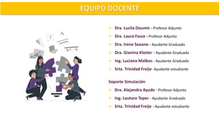 Soporte Simulación
➢ Dra. Alejandra Ayude - Profesor Adjunto
➢ Ing. Lautaro Teper - Ayudante Graduado
➢ Srta. Trinidad Freije - Ayudante estudiante
➢ Dra. Lucila Doumic - Profesor Adjunto
➢ Dra. Laura Fasce - Profesor Adjunto
➢ Dra. Irene Seoane - Ayudante Graduado
➢ Dra. Gianina Kloster - Ayudante Graduado
➢ Ing. Luciana Malbos - Ayudante Graduado
➢ Srta. Trinidad Freije- Ayudante estudiante
EQUIPO DOCENTE
 