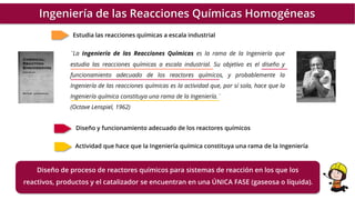 ¨La Ingeniería de las Reacciones Químicas es la rama de la Ingeniería que
estudia las reacciones químicas a escala industrial. Su objetivo es el diseño y
funcionamiento adecuado de los reactores químicos, y probablemente la
Ingeniería de las reacciones químicas es la actividad que, por sí sola, hace que la
Ingeniería química constituya una rama de la Ingeniería.¨
(Octave Lenspiel, 1962)
Ingeniería de las Reacciones Químicas Homogéneas
Estudia las reacciones químicas a escala industrial
Diseño y funcionamiento adecuado de los reactores químicos
Actividad que hace que la Ingeniería química constituya una rama de la Ingeniería
Diseño de proceso de reactores químicos para sistemas de reacción en los que los
reactivos, productos y el catalizador se encuentran en una ÚNICA FASE (gaseosa o líquida).
 
