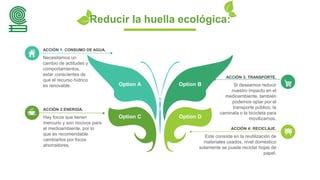 Reducir la huella ecológica:
Este consiste en la reutilización de
materiales usados, nivel doméstico
solamente se puede reciclar hojas de
papel.
ACCIÓN 4: RECICLAJE.
Si deseamos reducir
nuestro impacto en el
medioambiente, también
podemos optar por el
transporte público, la
caminata o la bicicleta para
movilizarnos.
ACCIÓN 3: TRANSPORTE.
Necesitamos un
cambio de actitudes y
comportamientos,
estar conscientes de
que el recurso hídrico
es renovable.
ACCIÓN 1: CONSUMO DE AGUA.
Hay focos que tienen
mercurio y son nocivos para
el medioambiente, por lo
que es recomendable
cambiarlos por focos
ahorradores.
ACCIÓN 2:ENERGÍA.
Option A Option B
Option C Option D
 