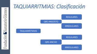 TAQUIARRITMIAS: Clasificación
TAQUIARRITMIAS
QRS ANGOSTO
QRS ANCHO
REGULARES
IRREGULARES
REGULARES
IRREGULARES
 