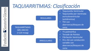 TAQUIARRITMIAS: Clasificación
TAQUIARRTMIAS
QRS ANCHO
(>120 mseg)
REGULARES
IRREGULARES
• Taquicardia Ventricular
• Taquicardia por reentrada
auriculoventricular
(antidromica)
• TSV con
aberrancia/bloqueo de
rama
• TV polimórfica
• Torsade de Pointes
• Fibrilación Ventricular
• FA o AA con conducción
variable con
aberrancia/bloqueo de
rama
 