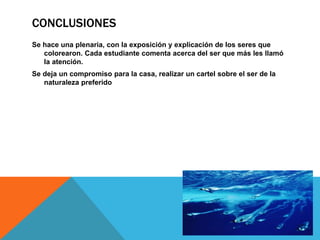 CONCLUSIONES
Se hace una plenaria, con la exposición y explicación de los seres que
colorearon. Cada estudiante comenta acerca del ser que más les llamó
la atención.
Se deja un compromiso para la casa, realizar un cartel sobre el ser de la
naturaleza preferido