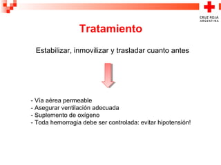 Estabilizar, inmovilizar y trasladar cuanto antes
- Vía aérea permeable
- Asegurar ventilación adecuada
- Suplemento de oxígeno
- Toda hemorragia debe ser controlada: evitar hipotensión!
Tratamiento
 