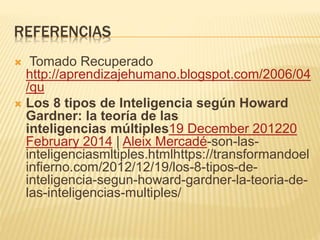 REFERENCIAS
 Tomado Recuperado
http://aprendizajehumano.blogspot.com/2006/04
/qu
 Los 8 tipos de Inteligencia según Howard
Gardner: la teoría de las
inteligencias múltiples19 December 201220
February 2014 | Aleix Mercadé-son-las-
inteligenciasmltiples.htmlhttps://transformandoel
infierno.com/2012/12/19/los-8-tipos-de-
inteligencia-segun-howard-gardner-la-teoria-de-
las-inteligencias-multiples/
 