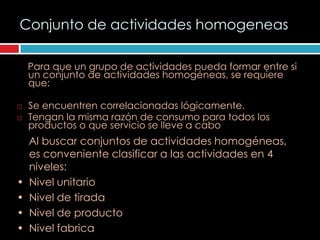 Conjunto de actividades homogeneas

    Para que un grupo de actividades pueda formar entre si
    un conjunto de actividades homogéneas, se requiere
    que:

   Se encuentren correlacionadas lógicamente.
   Tengan la misma razón de consumo para todos los
    productos o que servicio se lleve a cabo
    Al buscar conjuntos de actividades homogéneas,
    es conveniente clasificar a las actividades en 4
    niveles:
•   Nivel unitario
•   Nivel de tirada
•   Nivel de producto
•   Nivel fabrica
 