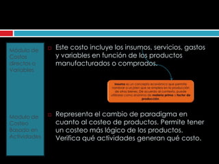 Módulo de        Este costo incluye los insumos, servicios, gastos
Costos            y variables en función de los productos
directos o        manufacturados o comprados.
Variables




Modulo de        Representa el cambio de paradigma en
Costeo            cuanto al costeo de productos. Permite tener
Basado en         un costeo más lógico de los productos.
Actividades       Verifica qué actividades generan qué costo.
 