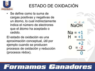 ESTADO DE OXIDACIÓN
• Se define como la suma de
cargas positivas y negativas de
un átomo, lo cual indirectamente
indica el número de electrones
que el átomo ha aceptado o
cedido.
El estado de oxidación es una
aproximación conceptual, útil por
ejemplo cuando se producen
procesos de oxidación y reducción
(procesos rédox).
 