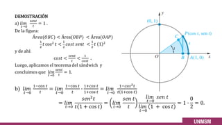 DEMOSTRACIÓN
a) 𝑙𝑖𝑚
𝑡→0
𝑠𝑒𝑛𝑡
𝑡
= 1 .
De la figura:
Á𝑟𝑒𝑎(𝑂𝐵𝐶) < Área(𝑂𝐵𝑃) < Área(𝑂𝐴𝑃)
1
2
𝑡 cos2 𝑡 <
1
2
𝑐𝑜𝑠𝑡 𝑠𝑒𝑛𝑡 <
1
2
𝑡 1 2
y de ahí:
c𝑜𝑠𝑡 <
𝑠𝑒𝑛𝑡
𝑡
<
1
𝑐𝑜𝑠𝑡
.
Luego, aplicamos el teorema del sándwich y
concluimos que 𝑙𝑖𝑚
𝑡→0
𝑠𝑒𝑛𝑡
𝑡
= 1.
b) 𝑙𝑖𝑚
𝑡→0
1−cos 𝑡
𝑡
= 𝑙𝑖𝑚
𝑡→0
1−cos 𝑡
𝑡
∙
1+𝑐𝑜𝑠 𝑡
1+cos 𝑡
= 𝑙𝑖𝑚
𝑡→0
1−𝑐𝑜𝑠2𝑡
𝑡 1+cos 𝑡
= 𝑙𝑖𝑚
𝑡→0
𝑠𝑒𝑛2𝑡
𝑡 1 + cos 𝑡
= 𝑙𝑖𝑚
𝑡→0
𝑠𝑒𝑛 𝑡
𝑡
𝑙𝑖𝑚
𝑡→0
𝑠𝑒𝑛 𝑡
𝑙𝑖𝑚
𝑡→0
1 + cos 𝑡
= 1 ∙
0
2
= 0.
11
 