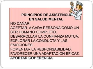 PRINCIPIOS DE ASISTENCIA
EN SALUD MENTAL
NO DAÑAR
ACEPTAR A CADA PERSONA COMO UN
SER HUMANO COMPLETO.
DESARROLLAR LA CONFIANZA MUTUA.
EXPLORAR LA CONDUCTA Y LAS
EMOCIONES.
FOMENTAR LA RESPONSABILIDAD.
FAVORECER UNA ADAPTACION EFICAZ.
APORTAR COHERENCIA

 