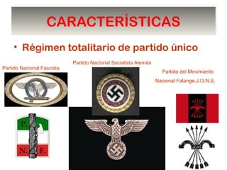 CARACTERÍSTICASCARACTERÍSTICAS
• Régimen totalitario de partido único
Partido Nacional Fascista
Partido Nacional Socialista Alemán
Partido del Movimiento
Nacional Falange-J.O.N.S.
 