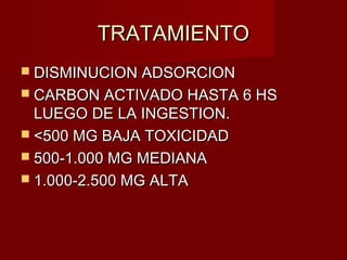 TRATAMIENTOTRATAMIENTO
 DISMINUCION ADSORCIONDISMINUCION ADSORCION
 CARBON ACTIVADO HASTA 6 HSCARBON ACTIVADO HASTA 6 HS
LUEGO DE LA INGESTION.LUEGO DE LA INGESTION.
 <500 MG BAJA TOXICIDAD<500 MG BAJA TOXICIDAD
 500-1.000 MG MEDIANA500-1.000 MG MEDIANA
 1.000-2.500 MG ALTA1.000-2.500 MG ALTA
 