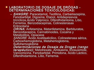 ..
 LABORATORIO DE DOSAJE DE DRÓGAS -LABORATORIO DE DOSAJE DE DRÓGAS -
DETERMINACIONES TOXICOLÓGICAS:DETERMINACIONES TOXICOLÓGICAS:
– SANGRESANGRE: Paracetamol, Teofilina, Carbamazepina,: Paracetamol, Teofilina, Carbamazepina,
Fenobarbital, Digoxina, Etanol, AntidepresivosFenobarbital, Digoxina, Etanol, Antidepresivos
tricíclicos,Ácido Valproico, Difenilhidantoina, Lítio,tricíclicos,Ácido Valproico, Difenilhidantoina, Lítio,
Ferremia, Benzodiacepinas, ColinesterasasFerremia, Benzodiacepinas, Colinesterasas
EritrocitariaEritrocitaria
ORINAORINA: Anfetamina, Metanfetamina, Barbituratos,: Anfetamina, Metanfetamina, Barbituratos,
Benzodiacepina, Cannabinoides, Cocaina yBenzodiacepina, Cannabinoides, Cocaina y
Metabolitos, OpiaceosMetabolitos, Opiaceos
SANGRESANGRE: Ácido Acetilsalicilico, Colinesterasa sérica,: Ácido Acetilsalicilico, Colinesterasa sérica,
Carboxihemoglobina, Metahemoglobina,Carboxihemoglobina, Metahemoglobina,
SulfohemoglobinaSulfohemoglobina
Determinaciones de Dosaje de Drogas (rangoDeterminaciones de Dosaje de Drogas (rango
terapéutico):terapéutico): Metotrexate, Amikasina, Etosuximide,Metotrexate, Amikasina, Etosuximide,
Vancomicina, Fenobarbital, Primidona, Ácido Láctico,Vancomicina, Fenobarbital, Primidona, Ácido Láctico,
Difenilhidantoina, Lítio, Ferremia.Difenilhidantoina, Lítio, Ferremia.
 