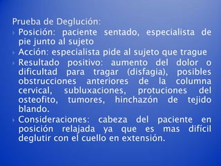 Prueba de Deglución:
 Posición: paciente sentado, especialista de
  pie junto al sujeto
 Acción: especialista pide al sujeto que trague
 Resultado positivo: aumento del dolor o
  dificultad para tragar (disfagia), posibles
  obstrucciones anteriores de la columna
  cervical, subluxaciones, protuciones del
  osteofito, tumores, hinchazón de tejido
  blando.
 Consideraciones: cabeza del paciente en
  posición relajada ya que es mas difícil
  deglutir con el cuello en extensión.
 