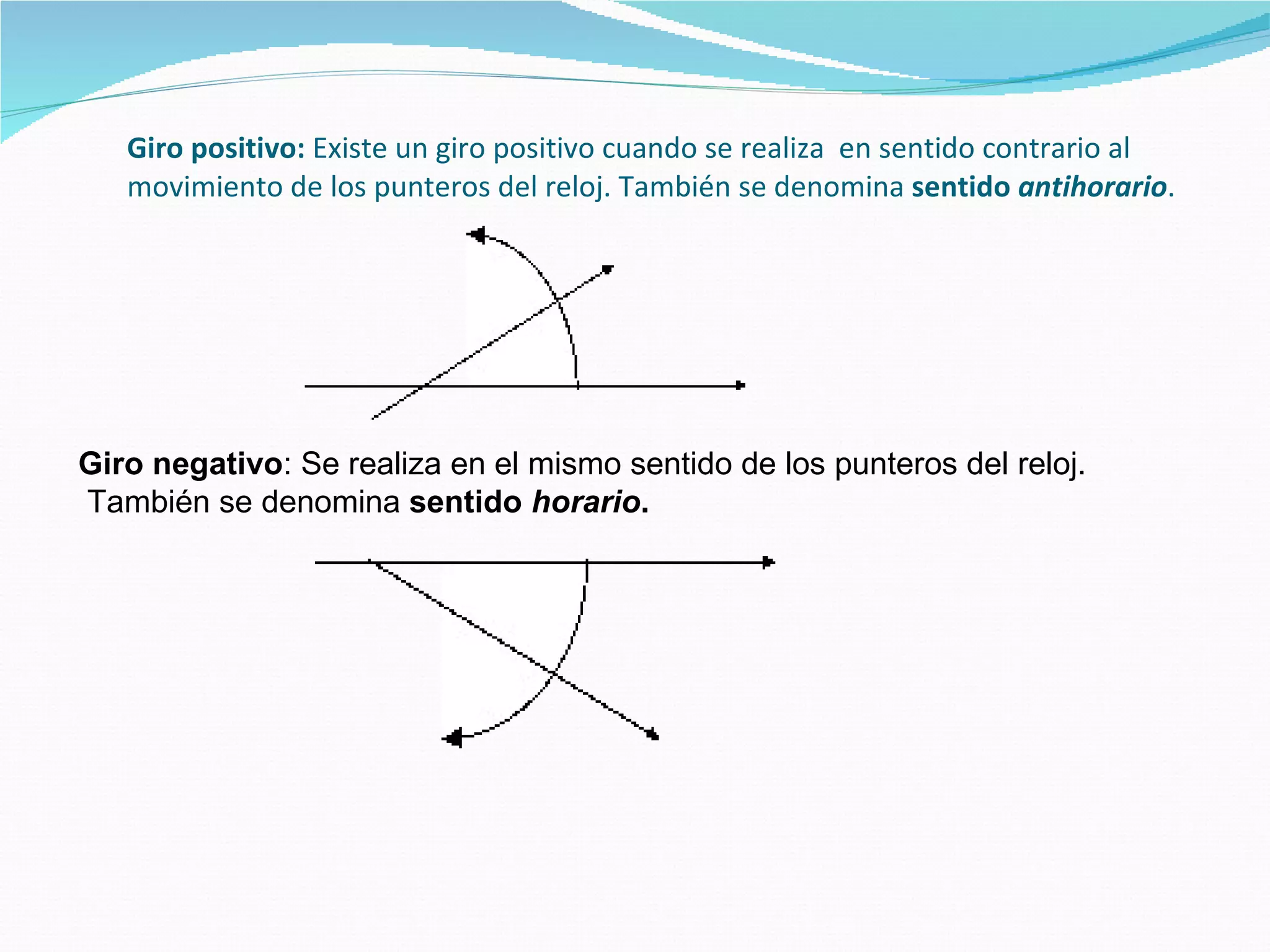 Giro positivo:  Existe un giro positivo cuando se realiza  en sentido contrario al movimiento de los punteros del reloj. También se denomina  sentido  antihorario . Giro negativo : Se realiza en el mismo sentido de los punteros del reloj. También se denomina  sentido  horario . 