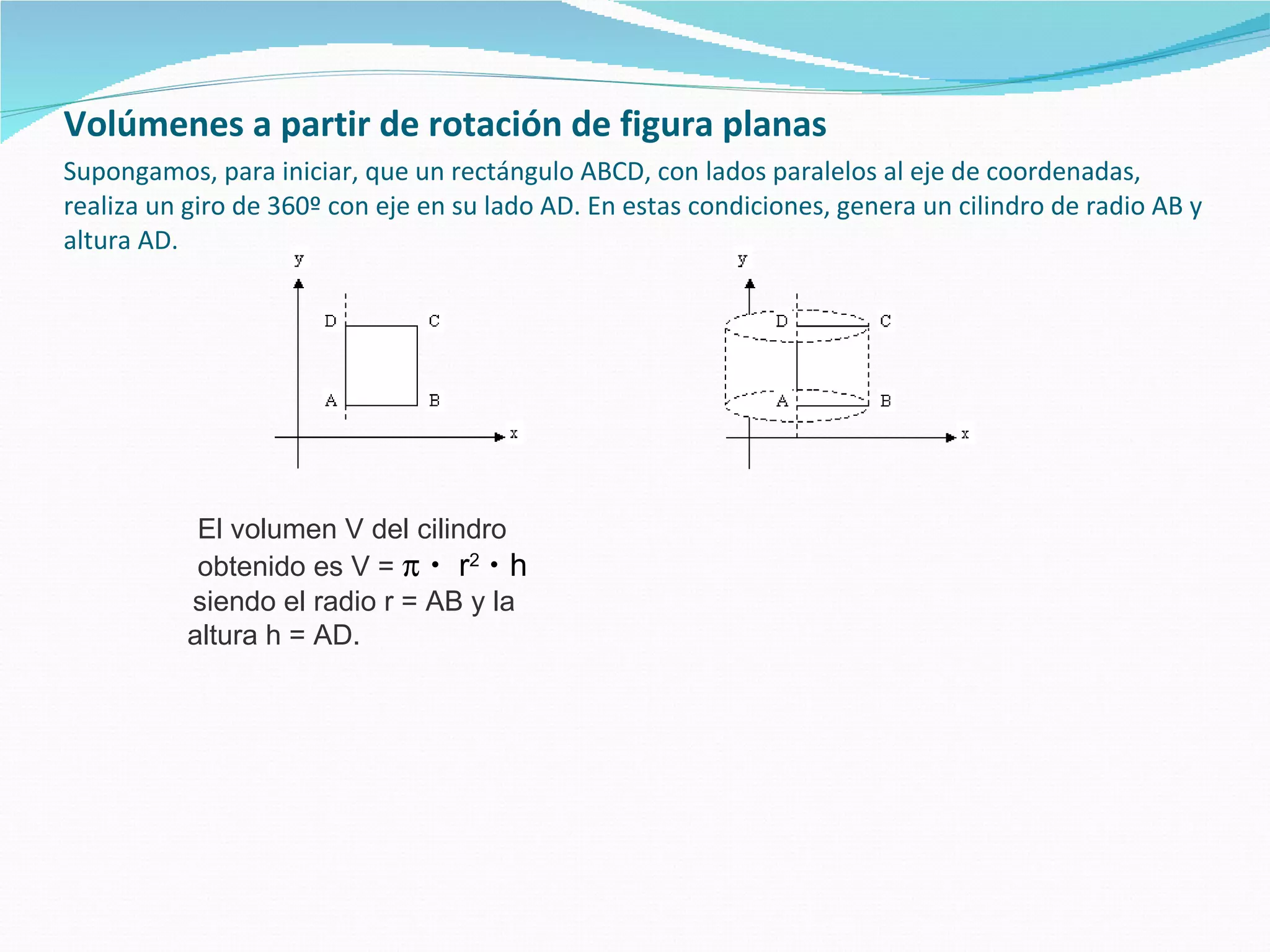 Volúmenes a partir de rotación de figura planas   Supongamos, para iniciar, que un rectángulo ABCD, con lados paralelos al eje de coordenadas, realiza un giro de 360º con eje en su lado AD. En estas condiciones, genera un cilindro de radio AB y altura AD. El volumen V del cilindro obtenido es V =        r 2      h siendo el radio r = AB y la altura h = AD.  