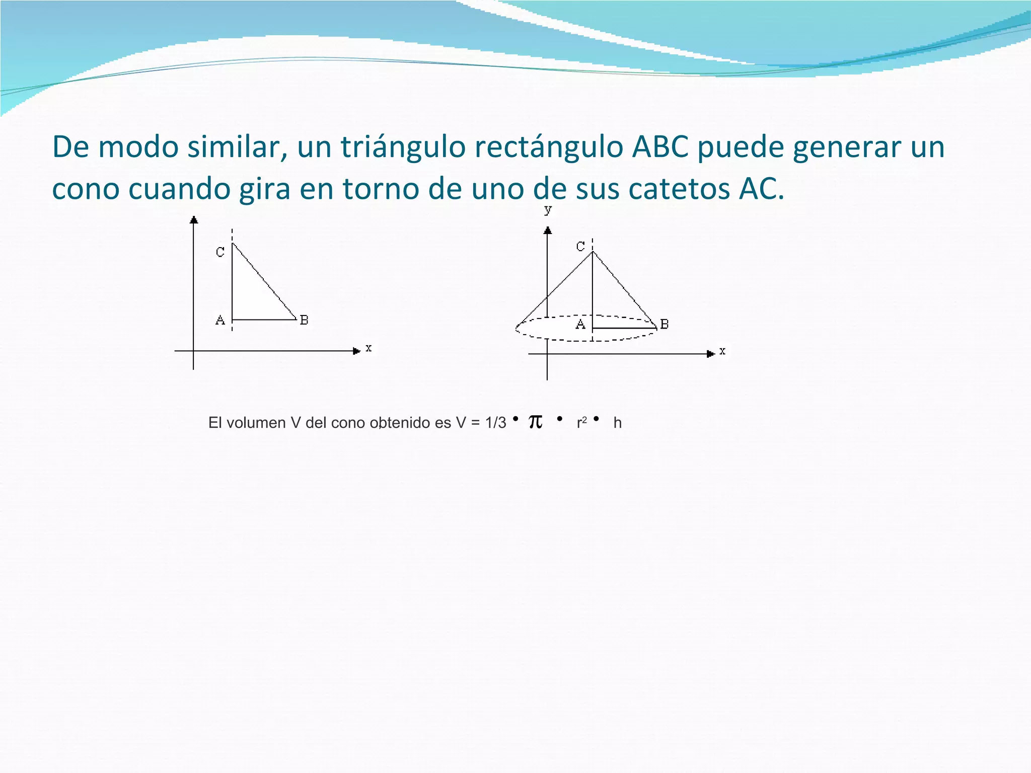 De modo similar, un triángulo rectángulo ABC puede generar un cono cuando gira en torno de uno de sus catetos AC. El volumen V del cono obtenido es V = 1/3           r 2      h  ,  