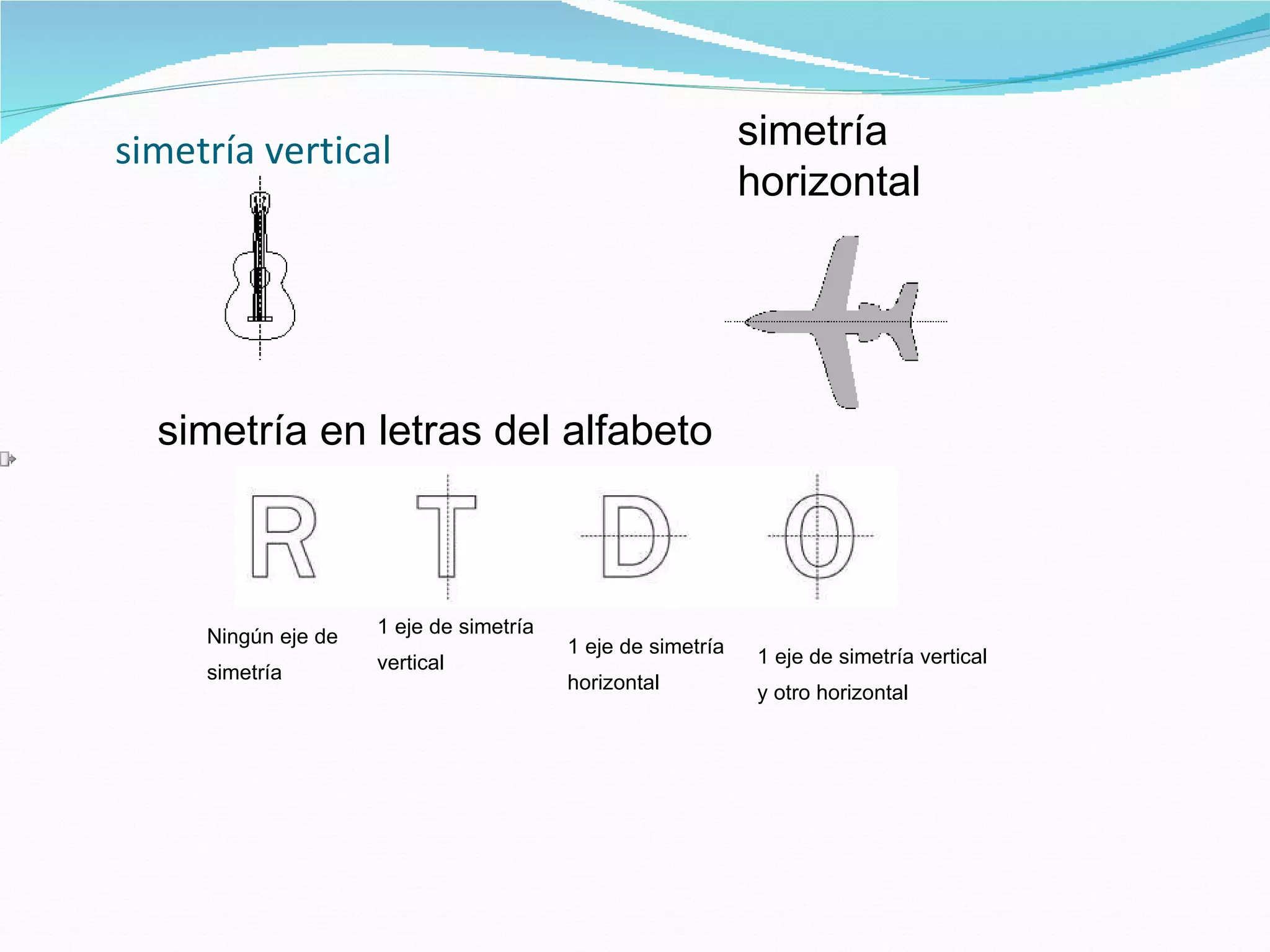 simetría vertical   simetría   horizontal   simetría en letras del alfabeto  Ningún eje de simetría   1 eje de simetría  vertical   1 eje de simetría  horizontal   1 eje de simetría vertical  y otro horizontal   