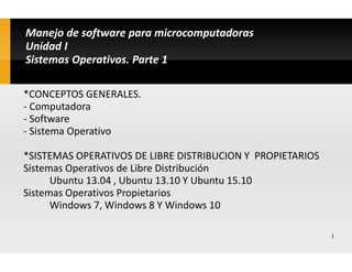 1
Manejo de software para microcomputadoras
Unidad I
Sistemas Operativos. Parte 1
*CONCEPTOS GENERALES.
- Computadora
- Software
- Sistema Operativo
*SISTEMAS OPERATIVOS DE LIBRE DISTRIBUCION Y PROPIETARIOS
Sistemas Operativos de Libre Distribución
Ubuntu 13.04 , Ubuntu 13.10 Y Ubuntu 15.10
Sistemas Operativos Propietarios
Windows 7, Windows 8 Y Windows 10
 