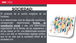 El producto de la acción reciproca de los
hombres.
A un determinado nivel de desarrollo económico,
corresponden determinadas formas de
constitución social, o sea, una determinada
organización de la familia, de los estamentos o
de las clases; en fin, una determinada sociedad
civil y con ella un determinado régimen político,
que no es más que la expresión oficial de la
sociedad civil.
SOCIEDAD:
 
