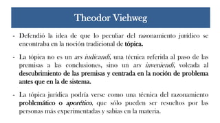 - Defendió la idea de que lo peculiar del razonamiento jurídico se
encontraba en la noción tradicional de tópica.
- La tópica no es un ars iudicandi, una técnica referida al paso de las
premisas a las conclusiones, sino un ars inveniendi, volcada al
descubrimiento de las premisas y centrada en la noción de problema
antes que en la de sistema.
- La tópica jurídica podría verse como una técnica del razonamiento
problemático o aporético, que sólo pueden ser resueltos por las
personas más experimentadas y sabias en la materia.
Theodor Viehweg
 