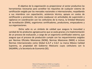 El objetivo de la organización es proporcionar al sector productivo las
herramientas necesarias para acreditar los requisitos de cualquier sistema de
certificación exigido por los mercados nacionales e internacionales, respaldando
a sus miembros con capacitación, asistencia técnica, apoyos en costos de
certificación y promoción. Así como coadyuvar en actividades de supervisión y
vigilancia en coordinación con los cotitulares de la marca, la Entidad Mexicana
de Acreditación (EMA), organismos certificadores, productores, empacadores y
sus organizaciones.
          Dicho sello es un símbolo de calidad que asegura la inocuidad y
sanidad de los productos agropecuarios que se avala gracias a la implementación
de un proceso de evaluación, a cargo de un organismo certificador externo, que
asegura que el proceso de producción cumple con los requerimientos exigidos
por Normas Oficiales Mexicanas (NOM), Normas Mexicanas (NMX) e incluso
Normas Internacionales como Global G.A.P y S.Q.F. La marca México Calidad
Suprema, es propiedad del Gobierno Mexicano cuyos cotitulares son la
SAGARPA, y la Secretaría de Economía (SE).




                         Material Preparado por MAM Luz Angélica
                          Material Preparado             Luz Angélica
                         Padilla López / Licenciatura en Gastronomía    24           24
                         UAS / Febrero 2012Marzo 2012
                                      UAS /
 