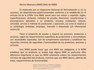 Norma Mexicana (NMX) (Más de 4000)

          Es elaborada por un Organismo Nacional de Normalización o, en su
ausencia, las dependencias gubernamentales conforme a lo establecido en el
artículo 54 de la LFMN. Una NMX- prevé para uso común y repetido- reglas,
especificaciones, atributos, métodos de prueba, directrices, características o
prescripciones aplicables a un producto, proceso, instalación, sistema,
actividad, servicio o método de producción u operación, así como lo relativo a
su simbología, embalaje, empaque, marcado o etiquetado y/o información
comercial.
           Tiene el propósito de ayudar a mejorar los procesos, productos o
servicios, según los requerimientos específicos de productores y consumidores
con necesidades especiales. Son de cumplimiento voluntario y establecen los
requisitos mínimos de seguridad y funcionalidad de los productos, procesos y
servicios.
          Una NOM puede hacer que una NMX sea obligatoria si la NOM
establece que un producto se evalúe bajo alguna NMX en particular. Otra
diferencia importante es que las NOM solamente cubren los requerimientos
mínimos de seguridad del producto, mientras que una NMX abarca, además de
éstos, requerimientos de funcionalidad.
                       Material Preparado por MAM Luz Angélica
                        Material Preparado             Luz Angélica
                       Padilla López / Licenciatura en Gastronomía    4          4
                       UAS / Febrero 2012Marzo 2012
                                    UAS /
 
