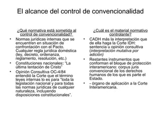 El alcance del control de convencionalidad
¿Qué normativa está sometida al
control de convencionalidad?
• Normas jurídicas internas que se
encuentren en situación de
confrontación con el Pacto.
Cualquier regla jurídica doméstica
(ley, decreto, ordenanza,
reglamento, resolución, etc.)
• Constituciones nacionales: “La
última tentación de Cristo”
• Opinión Consultiva OC-4/84
entendió la Corte que el término
leyes internas lo es para “toda la
legislación nacional y para todas
las normas jurídicas de cualquier
naturaleza, incluyendo
disposiciones constitucionales”.
¿Cuál es el material normativo
controlante?
• CADH más la interpretación que
de ella haga la Corte IDH:
sentencia u opinión consultiva
(interpretación mutativa por
adición)
• Restantes instrumentos que
conforman el bloque de protección
interamericano: corpus juris
convencional de los derechos
humanos de los que es parte el
Estado.
• - órgano de aplicación a la Corte
Interamericana.
 