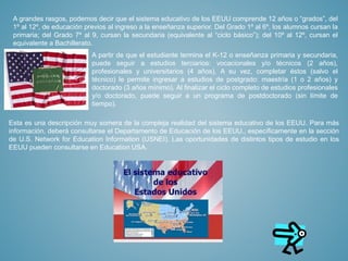 A grandes rasgos, podemos decir que el sistema educativo de los EEUU comprende 12 años o “grados”, del
1º al 12º, de educación previos al ingreso a la enseñanza superior. Del Grado 1º al 6º, los alumnos cursan la
primaria; del Grado 7º al 9, cursan la secundaria (equivalente al “ciclo básico”); del 10º al 12º, cursan el
equivalente a Bachillerato.
A partir de que el estudiante termina el K-12 o enseñanza primaria y secundaria,
puede seguir a estudios terciarios: vocacionales y/o técnicos (2 años),
profesionales y universitarios (4 años). A su vez, completar éstos (salvo el
técnico) le permite ingresar a estudios de postgrado: maestría (1 o 2 años) y
doctorado (3 años mínimo). Al finalizar el ciclo completo de estudios profesionales
y/o doctorado, puede seguir a un programa de postdoctorado (sin límite de
tiempo).
Esta es una descripción muy somera de la compleja realidad del sistema educativo de los EEUU. Para más
información, deberá consultarse el Departamento de Educación de los EEUU., específicamente en la sección
de U.S. Network for Education Information (USNEI). Las oportunidades de distintos tipos de estudio en los
EEUU pueden consultarse en Education USA.
 