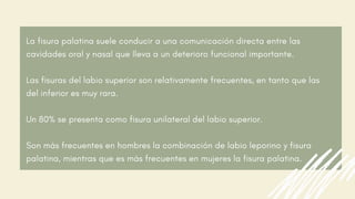 La fisura palatina suele conducir a una comunicación directa entre las
cavidades oral y nasal que lleva a un deterioro funcional importante.
Las fisuras del labio superior son relativamente frecuentes, en tanto que las
del inferior es muy rara.
Un 80% se presenta como fisura unilateral del labio superior.
Son más frecuentes en hombres la combinación de labio leporino y fisura
palatina, mientras que es más frecuentes en mujeres la fisura palatina.
 