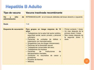 Tipo de vacuna Vacuna inactivada recombinante
Vía y sitio de
administración
INTRAMUSCULAR: en el músculo deltoides del brazo derecho o izquierdo
Dosis 1 ml
Esquema de vacunación Para grupos en riesgo mayores de 15
años:
• Trabajadores de la salud del sector público,
seguridad social, sector privado y personal
voluntario.
• Pacientes de unidades de diálisis o
tratamiento con hemoderivados.
• Drogadictos (uso de drogas intravenosas).
• Personas de la diversidad sexual.
• Trabajadoras comerciales del sexo.
• Trabajadores de limpieza.
• Pacientes de instituciones de
discapacitados mentales.
• Contactos no vacunados de casos y
portadores.
• Privados de libertad.
• Militares.
• Primer contacto: 1 dosis
• Un mes después de la
primera dosis: 2 dosis
• Seis meses después de
la segunda dosis: 3
dosis
17
 