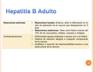 Reacciones adversas • Reacciones locales: Eritema, dolor e inflamación en el
sitio de aplicación de la vacuna que desaparecen en 2
días.
• Reacciones sistémicas: Tales como fiebre (menos del
10% de los vacunados), cefalea, nauseas y mialgias.
Contraindicaciones • Enfermedad aguda moderada o severa con o sin fiebre.
• Historia de reacción alérgica a cualquier componente
de la vacuna.
• Anafilaxis o reacción de hipersensibilidad severa a una
dosis previa de la vacuna.
18
 