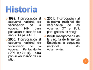 3
 1999: Incorporación al
esquema nacional de
vacunación de la
vacuna Hib para
población menor de un
año y SR para MEF.
 2000: Incorporación al
esquema nacional de
vacunación de la
vacuna Pentavalente
(DPTHepB-Hib), para
población menor de un
año.
 2001: Incorporación al
esquema nacional de
vacunación de las
vacunas DT y Salk
para grupos en riesgo.
 2003: Incorporación de
la vacuna de Influenza
Estacional al esquema
nacional de
vacunación.
 