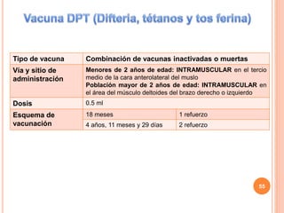Tipo de vacuna Combinación de vacunas inactivadas o muertas
Vía y sitio de
administración
Menores de 2 años de edad: INTRAMUSCULAR en el tercio
medio de la cara anterolateral del muslo
Población mayor de 2 años de edad: INTRAMUSCULAR en
el área del músculo deltoides del brazo derecho o izquierdo
Dosis 0.5 ml
Esquema de
vacunación
18 meses 1 refuerzo
4 años, 11 meses y 29 días 2 refuerzo
55
 