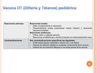Reacciones adversas Reacciones locales:
• Dolor, enrojecimiento e induración
• Ocasionalmente puede presentarse nódulo indoloro y raramente
abscesos estériles
Reacciones sistémicas:
• Fiebre, dolor y malestar general
• Reacciones anafilácticas y neuritis braquial son extremadamente raras
Contraindicaciones Son contraindicaciones específicas las siguientes:
• Enfermedad aguda moderada o severa con o sin fiebre.
• Historia de reacción alérgica a cualquier componente de la vacuna.
• Historia de una reacción alérgica a una dosis previa de la vacuna.
62
 