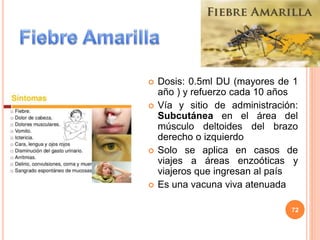  Dosis: 0.5ml DU (mayores de 1
año ) y refuerzo cada 10 años
 Vía y sitio de administración:
Subcutánea en el área del
músculo deltoides del brazo
derecho o izquierdo
 Solo se aplica en casos de
viajes a áreas enzoóticas y
viajeros que ingresan al país
 Es una vacuna viva atenuada
72
 