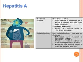 Reacciones
adversas
Reacciones locales:
• Dolor, eritema e inflamación en el
sitio de la inyección entre 20% a 50%
de los vacunados.
Reacciones sistémicas:
• Fatiga y fiebre baja en menos del
10% de los vacunados.
Contraindicaciones Son contraindicaciones generales las
siguientes:
• Enfermedad aguda moderada o
severa con o sin fiebre.
• Historia de reacción alérgica a
cualquier componente de la vacuna.
• Historia de una reacción alérgica a
una dosis previa de la vacuna.
75
 
