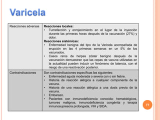 Reacciones adversas Reacciones locales:
• Tumefacción y enrojecimiento en el lugar de la inyección
durante las primeras horas después de la vacunación (27%) y
dolor.
Reacciones sistémicas:
• Enfermedad benigna del tipo de la Varicela acompañada de
erupción en las 4 primeras semanas en un 5% de los
vacunados.
• Casos raros de herpes zóster benigno después de la
vacunación demuestran que las cepas de vacuna utilizadas en
la actualidad pueden inducir un fenómeno de latencia, con el
riesgo de una reactivación posterior.
Contraindicaciones Son contraindicaciones específicas las siguientes:
• Enfermedad aguda moderada o severa con o sin fiebre.
• Historia de reacción alérgica a cualquier componente de la
vacuna.
• Historia de una reacción alérgica a una dosis previa de la
vacuna.
• Embarazo.
• Pacientes con inmunodeficiencia conocida: hematológicos,
tumores malignos, inmunodeficiencia congénita y terapia
inmunosupresora prolongada, VIH y SIDA. 77
 