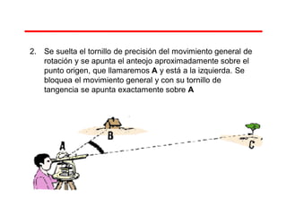 2. Se suelta el tornillo de precisión del movimiento general de
rotación y se apunta el anteojo aproximadamente sobre el
punto origen, que llamaremos A y está a la izquierda. Se
bloquea el movimiento general y con su tornillo de
tangencia se apunta exactamente sobre A
 