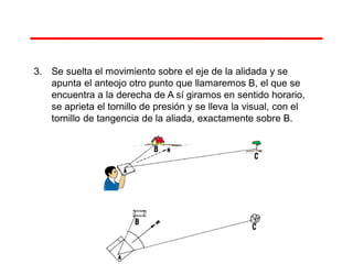 3. Se suelta el movimiento sobre el eje de la alidada y se
apunta el anteojo otro punto que llamaremos B, el que se
encuentra a la derecha de A sí giramos en sentido horario,
se aprieta el tornillo de presión y se lleva la visual, con el
tornillo de tangencia de la aliada, exactamente sobre B.
 